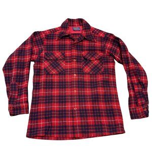 Vtg Pendleton Board Shirt Shacket S Loop Collar Red Blue Plaid Virgin Wool USA